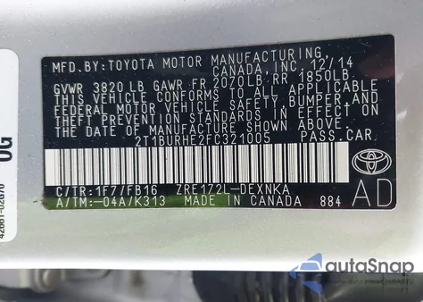 2015 Toyota Corolla Le Plus z USA, uszkodzony, nr VIN 2T1BURHE2FC321005